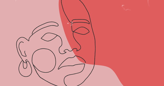 Image of drawing of face in black outline against pastel pink and red background