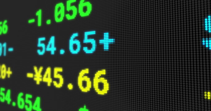 Image of stock exchange display board with numbers changing on black