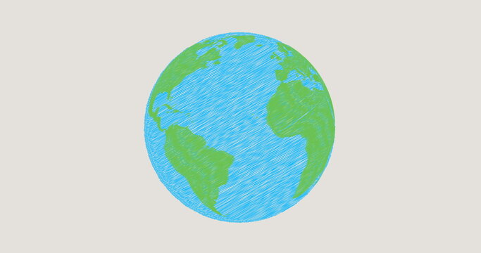 Image of planet earth in blue and green spinning on grey background