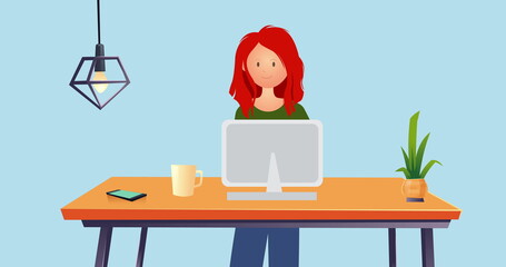 Image of woman using laptop on blue background