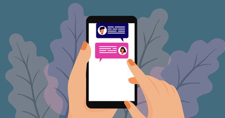 Image of person using smartphone social networking over leaves