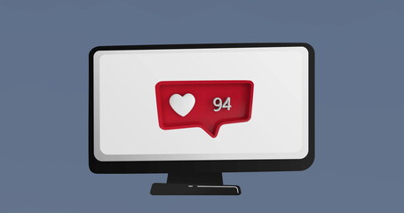 Image of heart icon social media speech bubble over screen on grey