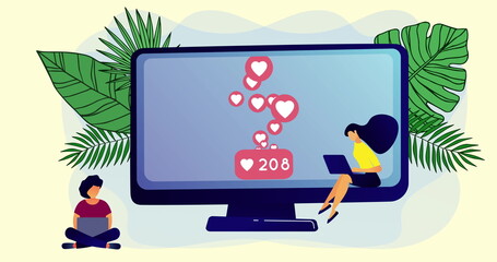 Image of screen with social media icons women using electronic devices