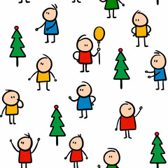 Seamless pattern for Christmas with cute doodle characters and trees.