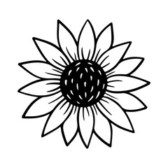 Sunflower simple icon. Flower silhouette vector illustration. Sunflower graphic logo, hand drawn icon for packaging, decor. Petals frame, black silhouette isolated on white background.