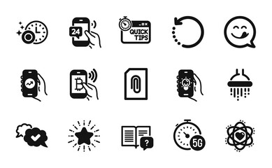 Vector set of Quick tips, Star and Recovery data icons simple set. Atom, 24h service and Bitcoin pay icons. Shower, Electric app and Financial app signs. Quick tips simple web symbol. Vector