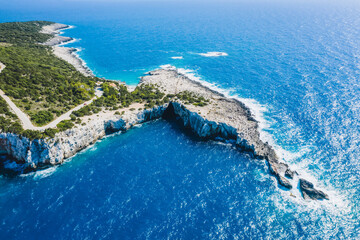 Fototapeta na wymiar Aerial drone view of rocky coastline close to Alaties Beach, Kefalonia, Ionian islands, Greece