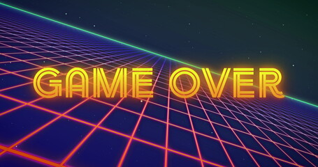 Image of neon flickering game over text over glowing pink grid