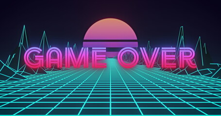 Image of neon flickering game over text over glowing pink sun and blue grid