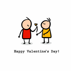 Cute postcard with doodle characters meeting on Valentines day.