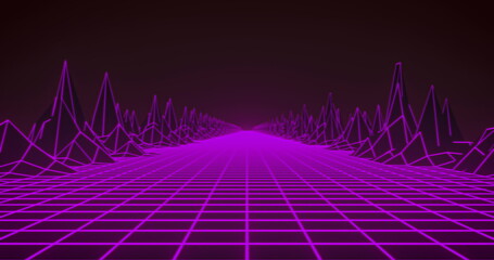 Image of glowing pink grid and map with mountains moving on seamless loop