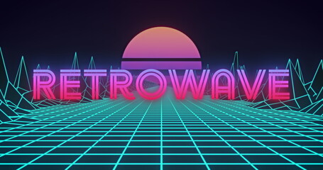 Image of neon retrowave text flickering over pink sun and glowing green grid