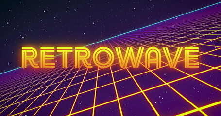 Image of neon retrowave text flickering over glowing yellow grid in universe
