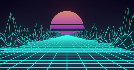 Image of pink sun and glowing green grid and map with mountains moving on seamless loop