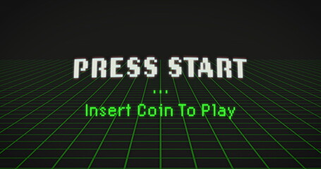 Image of press star and insert coin to play text with glitch over green grid