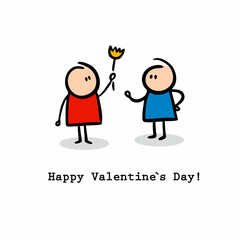 Cute little boy and girl on Valentines day with gift flower.