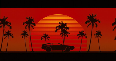 Image of black car driving over glowing orange sun with palm trees on red