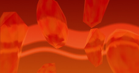 Orange translucent crytalline organic shapes rotating on an orange wavy background
