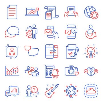 Education icons set. Included icon as Phone survey, Photo camera, Teamwork signs. Calculator alarm, Approved agreement, Electric guitar symbols. Sales diagram, Documents, Speech bubble. Vector