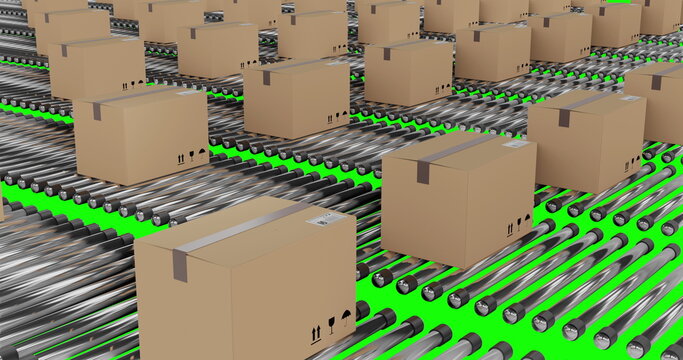 Rows of cardboard packing boxes moving on conveyor belts with green screen background