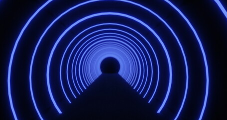 Moving through a tunnel of concetric blue neon arcs pulsating on a black background