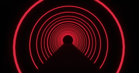 Moving through a tunnel of concetric red neon arcs pulsating on a black background