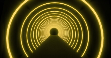 Moving through a tunnel of concetric yellow neon arcs pulsating on a black background