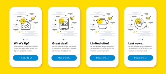 Vector set of Ssd, Milk jug and Love mail line icons set. UI phone app screens with line icons. Share idea icon. Solid-state drive, Fresh drink, Valentines letter. Solution. Phone UI banners. Vector