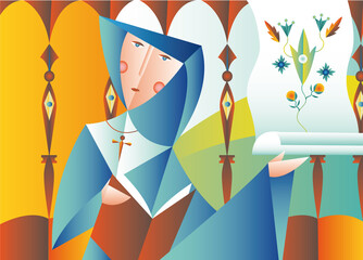 Saint Hildegard of Bingen German Benedictine abbess, vector illustration