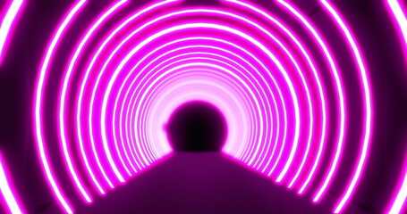 Naklejka premium Moving through a tunnel of concetric bright pink neon arcs pulsating on a black background