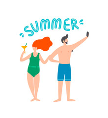 Woman in swimsuit with glass of alcoholic drink and man in swimming trunks with smartphone making photo slfy.