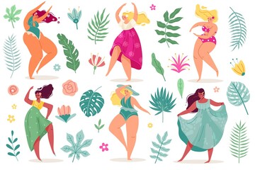 Obraz na płótnie Canvas Summer flowers women. Pretty body positive dance young sexy girls in dresses and swimsuits with long hair, tropical exotic leaves and flowers. Vector modern cartoon flat style isolated set