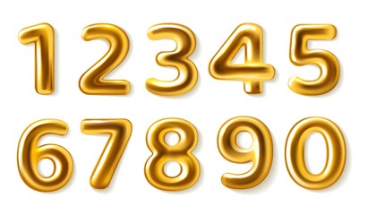 Golden numbers. Realistic metal plump numerals from zero to nine, glossy metallic luxury party decor, 3d roundish shapes for greeting cards designs, balloons signs. Vector isolated set