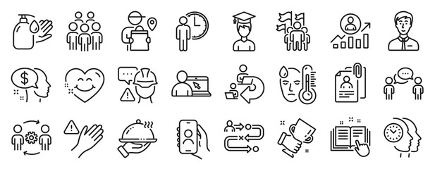 Set of People icons, such as Smile face, Online education, Interview documents icons. Delivery man, Dont touch, Fever signs. Career ladder, Leadership, Restaurant food. Consulting business. Vector