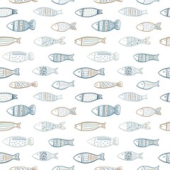 Seamless Hand drawn pattern with fish. Modern print with vector abstract fish.