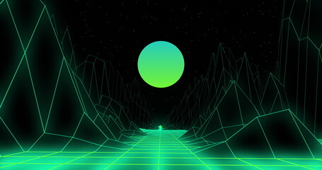 3D mountains over grid lines against green round shape on black background