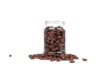 Coffee in a glass jar on a white background isolated. Roasted coffee beans. Non-ground coffee after roasting is poured into the jar