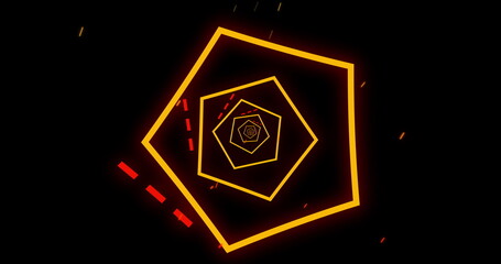 Neon hexagon shapes and particles moving against black background