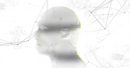 Human head model spinning against network of connections on white background