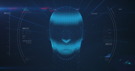 Human head model spinning against data processing on blue background
