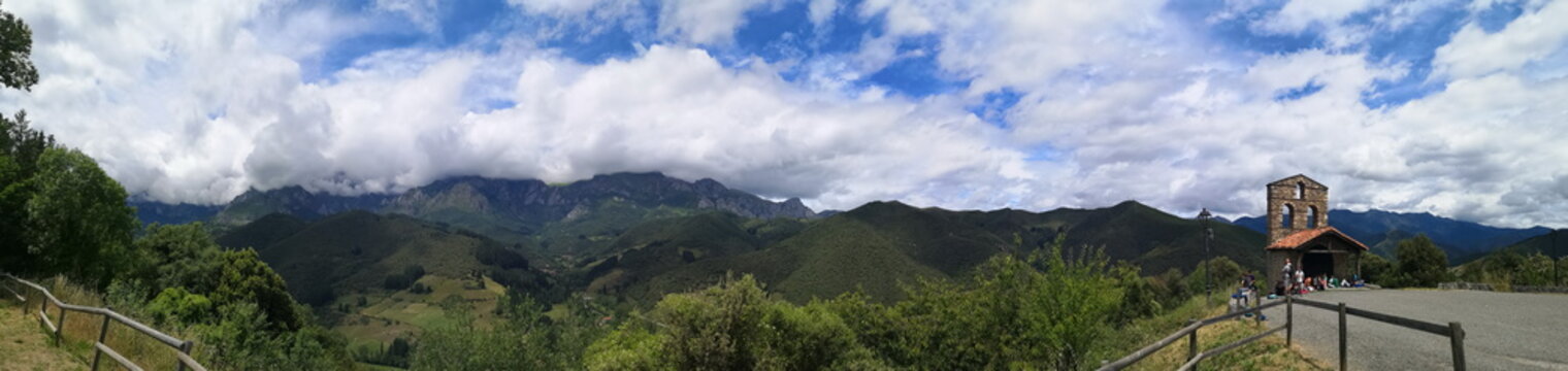 panoramic view of Picos de Europa, hermitage of San Miguel, next to the Monastery of Santo Toribio de Li&eacute;bana, Asturias, Spain,