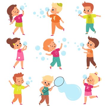 Soap bubbles show. Kids blow foam bubble, happy little girls and boys play, summer outdoor activity, fun children characters with air balls. Party entertainment vector isolated set