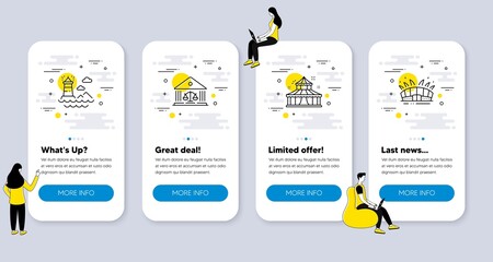 Set of Buildings icons, such as Court building, Lighthouse, Circus icons. UI phone app screens with people. Arena stadium line symbols. Judgement, Navigation beacon, Attraction park. Vector