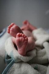  Close up of tiny newborn baby feet and toes   