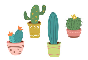 Set of different types of cacti in pots. Succulents. Colorful botanical collection on a white background. Vector illustration in doodle style
