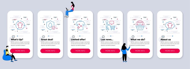 Set of Fashion icons, such as Waterproof, Online shopping, Change clothes icons. UI phone app screens with teamwork. Clean t-shirt, Buyer think, T-shirt line symbols. Vector