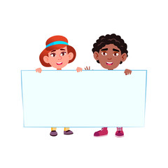 Boy And Girls Kids Holding Blank Banner Vector. Preteen Children African Schoolboy And Caucasian Schoolgirl Hold Banner Together. Smiling Happiness Characters With Poster Flat Cartoon Illustration