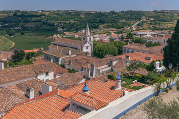 &Oacute;bidos - June 29, 2021: Panoramic view of the medieval town of &Oacute;bidos, Portugal