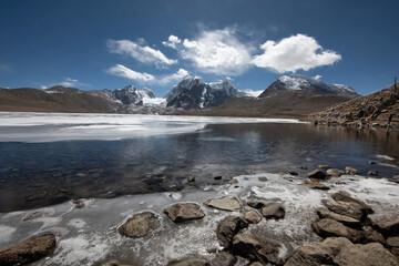 Frozen Gurudongmar Lake start of Teesta River. Located at 17,100 ft (5,210 m) above sea level, it is one of the highest lakes in the world. Sikkim , India