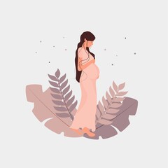 Pregnant girl with plants. Young mother. Flat style vector illustration.